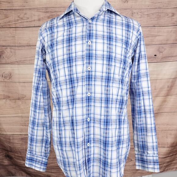 Bugatchi Uomo Shirt Mens Large Blue White Plaid Long Sleeve Button Down Casual - Picture 3 of 8